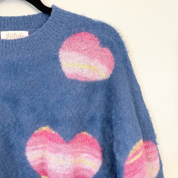 Listiele Women's Blue Pink Heart Love Crew Neck Pullover Cropped Sweater Medium - Picture 4 of 8